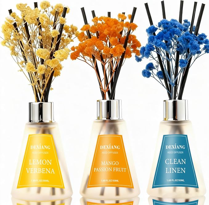 Reed Diffuser Set of 3 Pack, Lemon Verbena/Mango Passion Fruit/Clean Linen Oil Diffuser Reed Diffusers for for Home, Bathroom, Office Decor, 1.7 Fl.oz, Total 5.1Oz