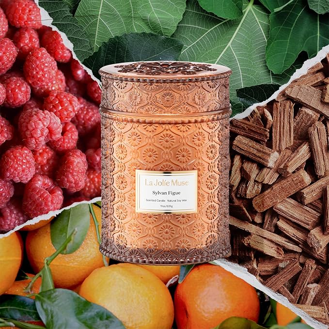 LA JOLIE MUSE Sylvan Figue Candle | Fig Leaf, Red Berries, Sandalwood | 19 oz Large Wooden Wick Candle | Natural Soy Wax | 90 Hours Clean Burn | Gift-Ready for Hosts | Elegant Home Décor