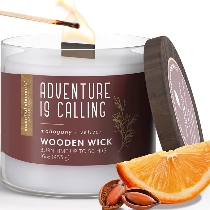 Candle-lite Essential Elements Scented Candles, Adventure is Calling, 16 oz Jar, Proudly Poured in The USA, Aromatherapy, Single-Wick with 50 Hours Burn Time, Perfect for Creating a Relaxing Ambiance