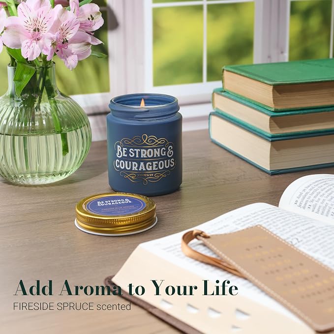 Christian Art Gifts Soy Wax Scented Candle: Strong & Courageous Bible Verse, Fireside Blue Spruce Scent, Pure Essential Oils, 4.5oz, Up to 20 Hours Burn Time, Glass Jar w/Metal Lid, Encouragement Gift