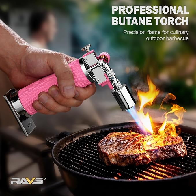 RAVS Butane Torch, Premium Metal Pink Torch Lighter with Adjustable Flame & Safety Buckle, Food Torch for Baking, BBQ, Desserts, Unique Gifts for Women, Butane Fuel Not Included