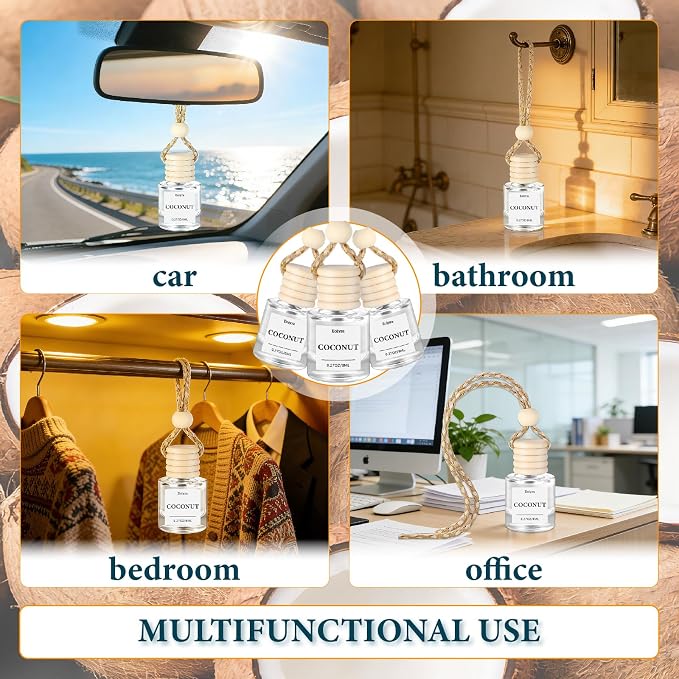 Hanging Car Air Freshener (Pack of 3) : Luxury Car Perfume for Women Men | Cute & Wooden Lid Reusable Bottle with 45+ Days Long-Lasting Scent for Auto Interio, Coconut