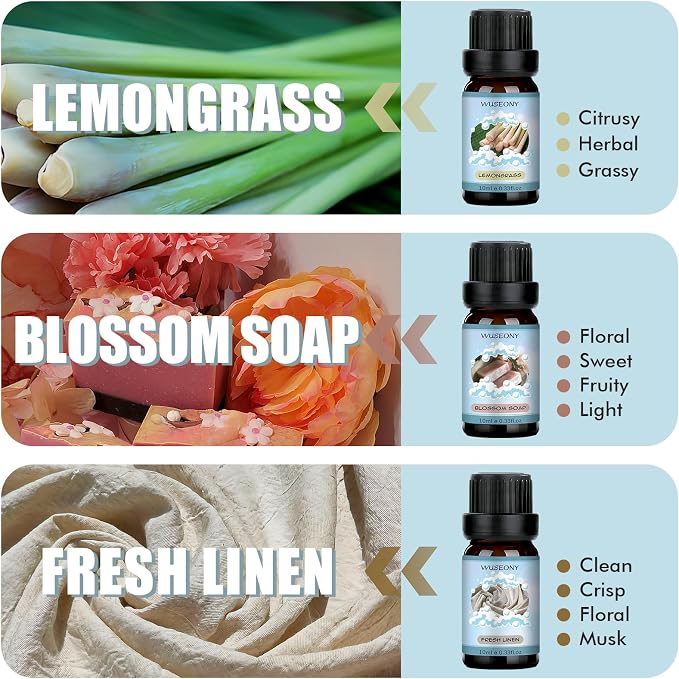 WUSEONY Clean Fragrance Oils Set, Premium Essential Oils for Diffuser for Home, Scented Oil for Soap & Candle Making Scents - Lemongrass, Aloe, Blossom Soap, Fresh Linen, Soft Powder, Cool Cotton