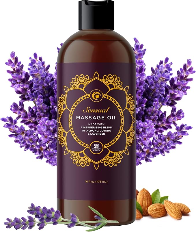 Aromatherapy Sensual Massage Oil for Couples - Relaxing Lavender Massaging Oil for Massage Therapy with Vitamin E Jojoba & Sweet Almond - Naturally Scented Vegan Non GMO & Gluten Free (16 Fl Oz)