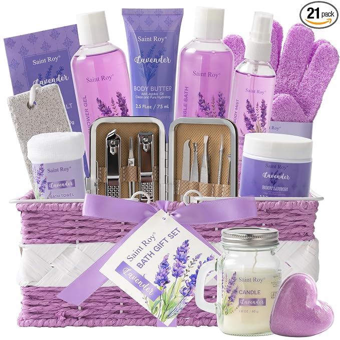 21Pcs Spa Gift Set Bath and Body Gift Basket Set Care Kit, Spa Bath Basket | Lavender Home Spa Gifts for Woman Body Care Set, Relaxing Sets for Women & Men, Spa Kit, Birthday, Christmas, Anniversary