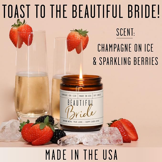Bridal Shower Gifts Ideas, Best Bridal Shower Gifts for Bride to Be, Bride Gifts - 'Beautiful Bride' Soy Wedding Candle, w/Champagne on Ice I Bachelorette Gifts for Bride I 50Hr Burn, USA Made