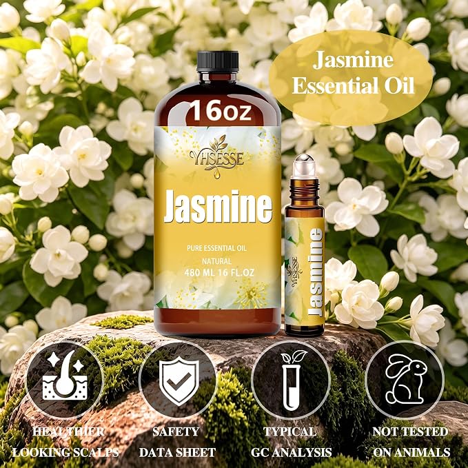 Jasmine Essential Oil, Jasmine Oil 16 Fl Oz 480ml for Diffuser Yoga Soap & Candle Making – with 0.33 Oz Roller Ball & Funnel YHSESSE Essential Oils