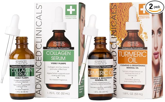 Advanced Clinicals Collagen Facial Serum + Turmeric Oil Face Serum Skin Care Set, Skin Plumping Anti Aging Serums For Face Help Brighten Skin Complexion, Fight Fine Lines, & Wrinkles, 2-Pack Bundle
