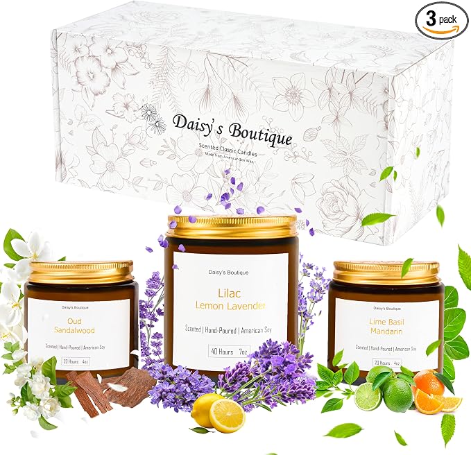 Scented Candles for Home Aromatherapy Candle Gift Present Set Soy Wax Long Lasting Gift Birthday Mother's Day Thanksgiving 3 Pack ((Lime Basil + Lavender Lilac + Jasmine Sandalwood) Amer Glass Jar)