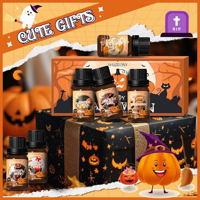 WUSEONY Halloween Fragrance Oils Set, Essential Oils for Diffusers Home, Scented Oils for Candle Soap Making - Pumpkin Pie, Caramel Apple, Chocolate Bars, Snickerdoodle, Caramel Corn, Witch's Brew