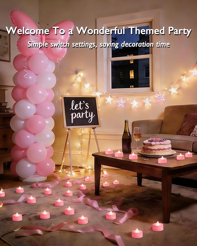 Amagic Pink LED Tea Lights Candles, 24 Pack Battery Operated Flameless Tea Lights, Long Lasting Colored Tealights Candles for Theme Party, Aniversary, Wedding Table Decor