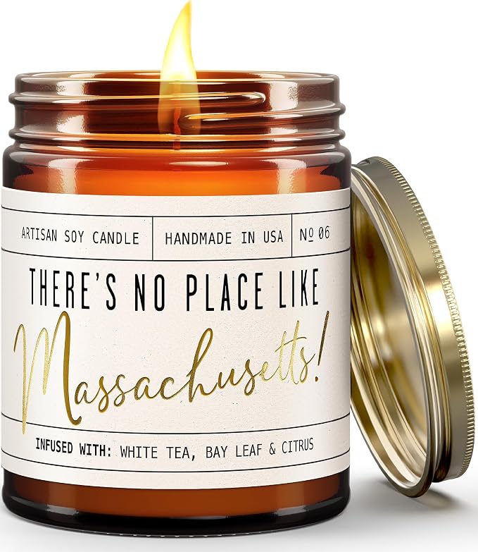 Massachusetts Gifts, Massachusetts Decor for Home - 'There's No Place Like Massachusetts Candle, w/White Tea, Bay Leaf & Citrus I Massachusetts Souvenirs State Gifts I 9oz Jar, 50Hr Burn, USA Made