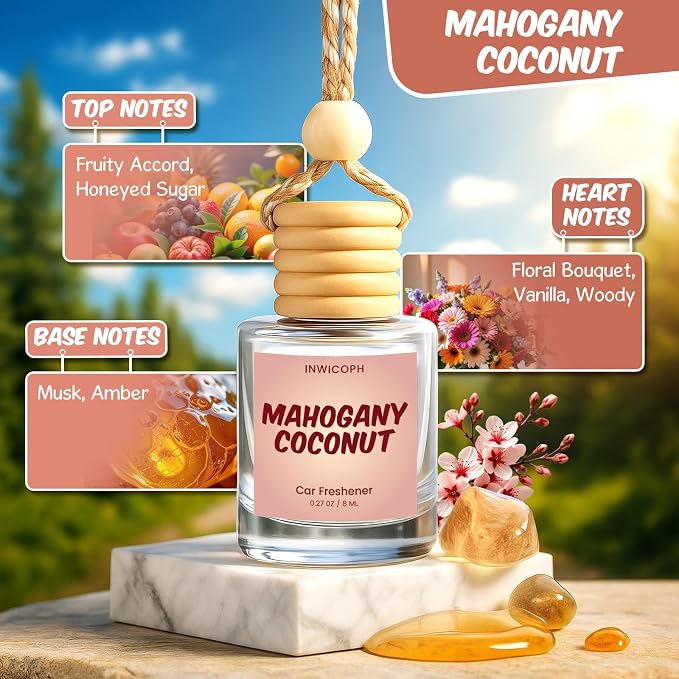 Premium Car Air Freshener Diffuser Set (2 Pack) - Mahogany Coconut Fragrance Oil, 45+ Day Long-Lasting Hanging Auto Freshener