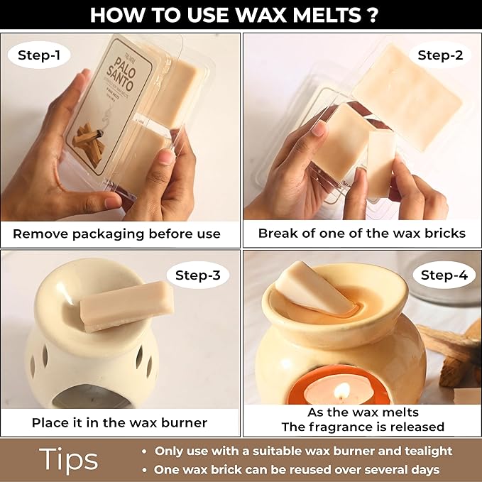TRUMIRI Palo Santo Scented Wax Melts - Made with Non Toxic Soy Wax and Essential Oils - Long Lasting Strong Scent Pet Safe Candle Wax Cubes Tarts for Warmers Pack of 4 - for Cleansing Negative Energy