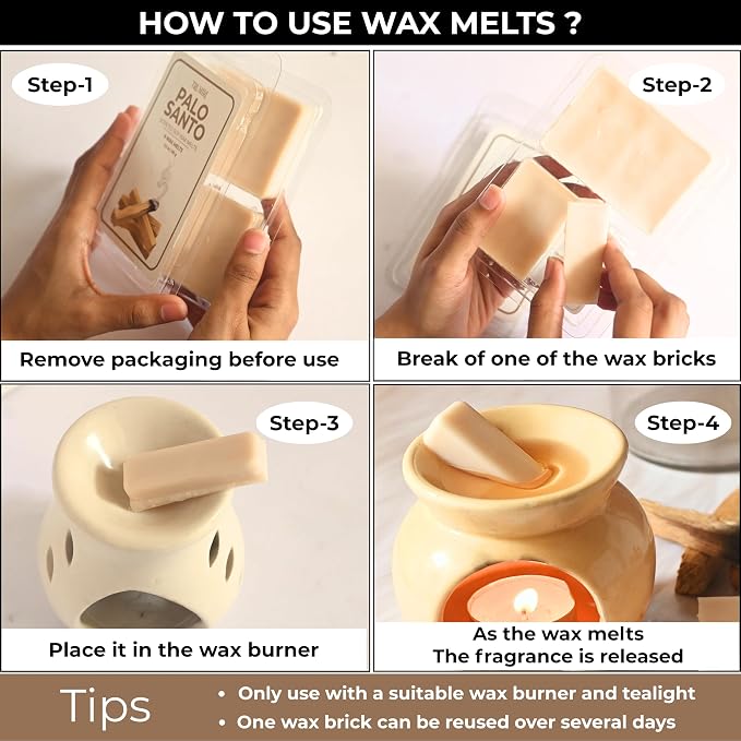Palo Santo Scented Wax Melts - Made With Non Toxic Soy Wax And Essential Oils - Long Lasting Strong Scent Pet Safe Candle Wax Cubes Tarts For Warmers - For Cleansing Negative Energy And Protection