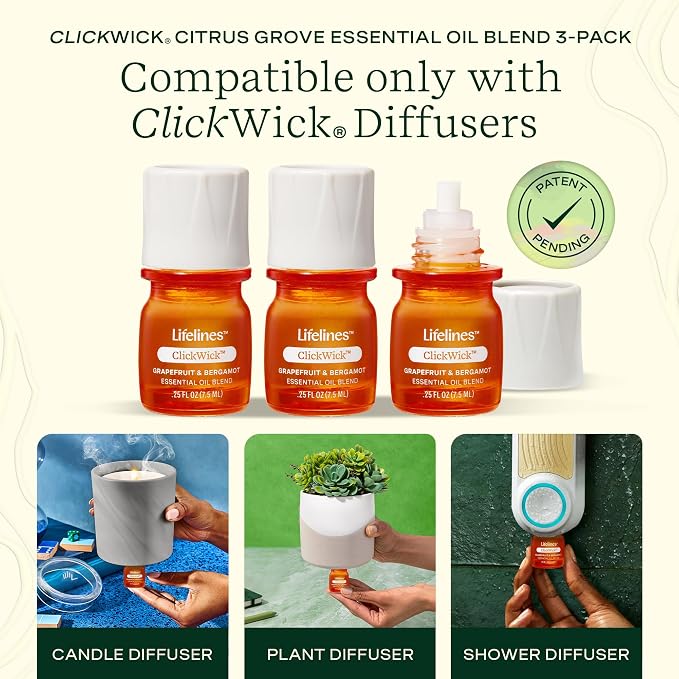 ClickWick Essential Oil Blends for Lifelines Diffusers, 3-Pack Citrus Grove Set - Essential Oil Blend Refill for Candle, Plant & Shower Aromatherapy Diffuser - Fragrance for Diffusers