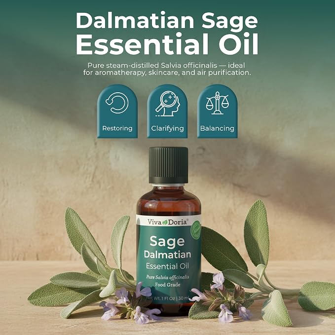 Viva Doria Sage Essential Oil, 100% Pure, Natural, Dalmatian Sage Essential Oil, Undiluted, for Aromatherapy | Food Grade, 30 mL (1 Fluid Ounce)
