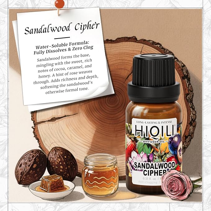 HIQILI Sandalwood Cipher Diffuser Oil, Ideal for Scent Diffuser, Car Air fresheners, Relaxing & Cozy, Long Lasting - 0.34 Fl Oz