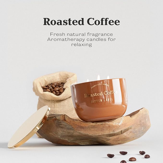 Roasted Coffee Scented Candle, 18oz Natural Soy Wax Non Toxic, 3-Wick Large Candles for Home, 75 Hours Burn Time, Strong Cold & Hot Throw, Coffee Lover Gift, Kitchen & Office, Long Lasting Aroma