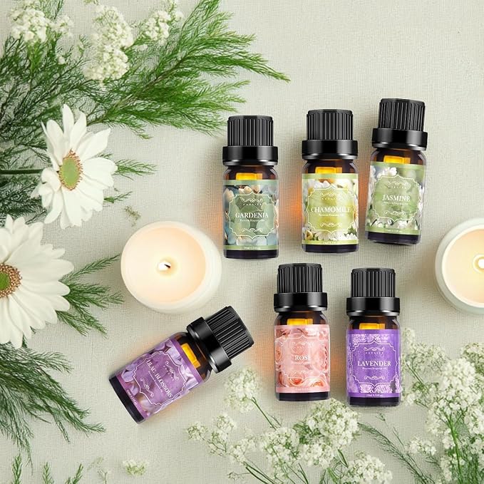 Auelife Floral Essential Oils Set - Mother's Day & Birthsday Gift, 6x10ml Rose, Jasmine, Lavender, Gardenia Pure Fragrance Oils for Diffuser, Candle Making, DIY Bath Bomb, Romantic Home Aromatherapy