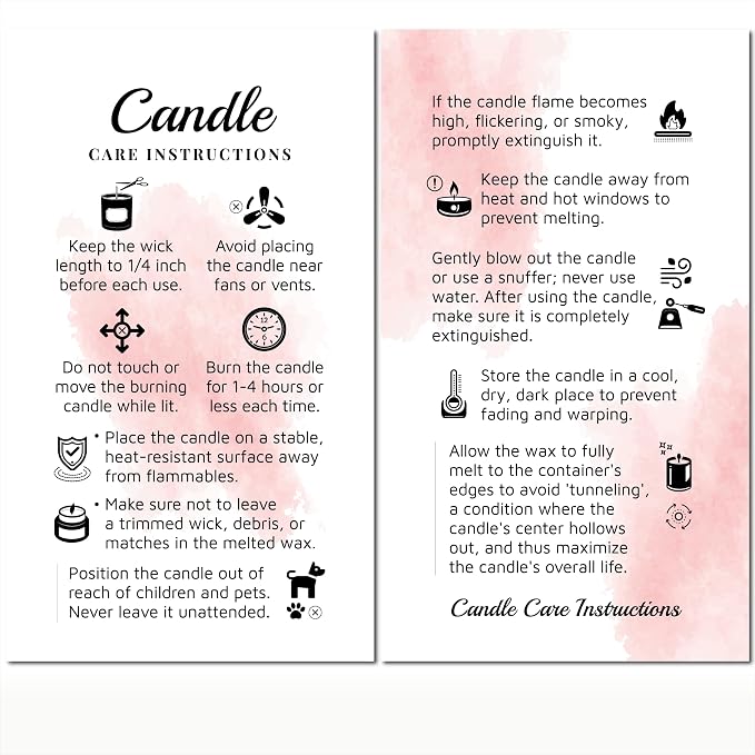 100 pack - Premium Handmade Candle Care Instruction Cards Pink White 2x3.5 in, Small Business | Soy Bees Wax Melt, Candle Makers, Making Supplies Kit Set, Containers, Jars, Package