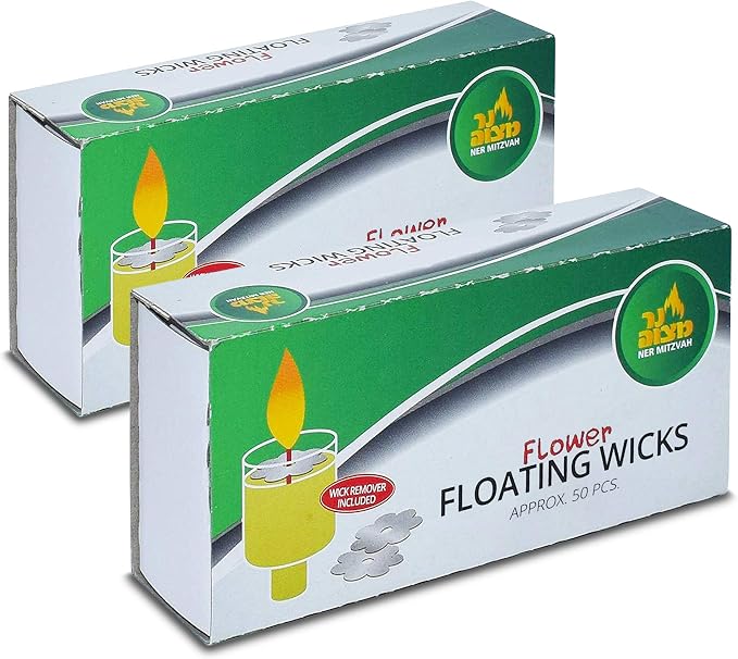 Flower Shaped Floating Wicks - 100 Count (Approx.), Cotton Wicks and Cork Disc Holders for Oil Cups - Bonus Wick Removal Tweezers - by Ner Mitzvah