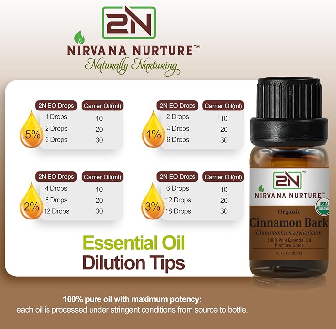 Cinnamon Bark Essential Oil, USDA Certified Organic, 100% Pure Undiluted, Aromatherapy Oil for Diffuser, Hair & Skin Care