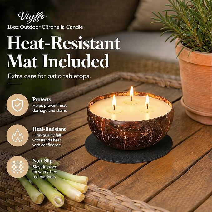 Viyffo 18oz Large Citronella Candles Outdoor, 3 Wick Citronella Candle, Natural Coconut Shell Jar, Non Toxic Soy Candle for Patio, Backyard, Deck & Camping, Rustic Decor Gift (with Fireproof Mat)