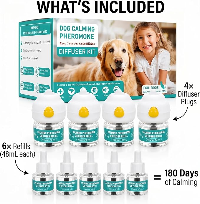 Dog Pheromone Calming Diffuser Kit – 10-Pack (4 Plugs + 6 Refills, 48mL Each), 180-Day Stress Relief for Dogs, Helps Reduce Anxiety, Barking, Separation, Thunderstorm & Travel Stress
