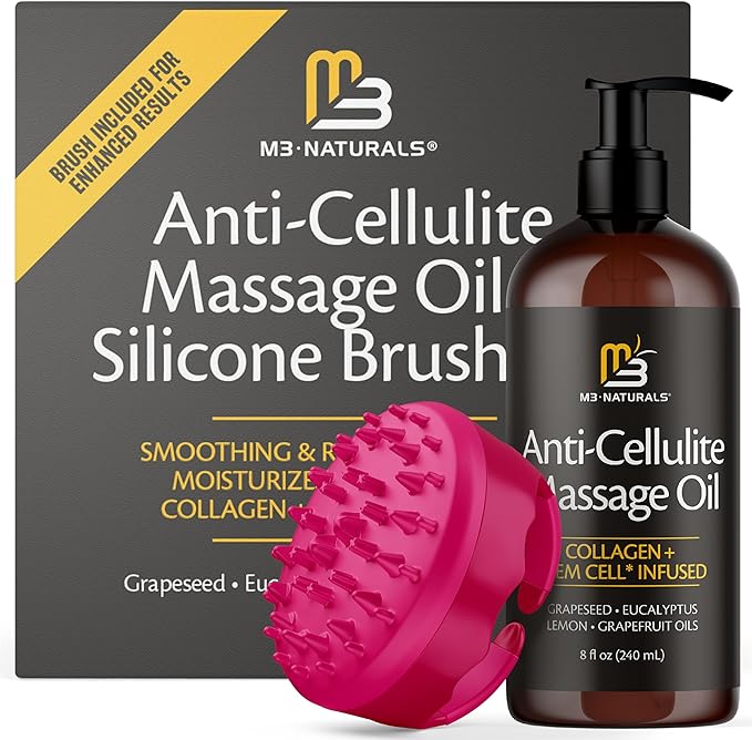Anti Cellulite Massage Oil and Silicone Body Brush – Collagen and Stem Cell Skin Tightening Formula for Smoothing and Firming, 8 fl oz by M3
