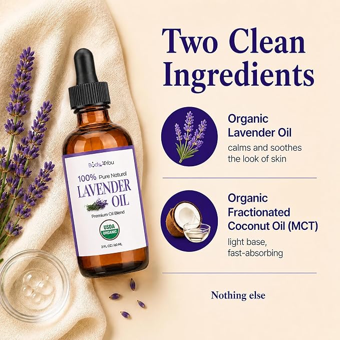 BodyJ4You Lavender Essential Oil Blend - USDA Organic Pre-Diluted MCT Ready to Use - Calming Skin Care for Face Body Sensitive Skin - Vegan Hexane Free Fast Absorbing - Amber Glass Dropper 2 Fl Oz