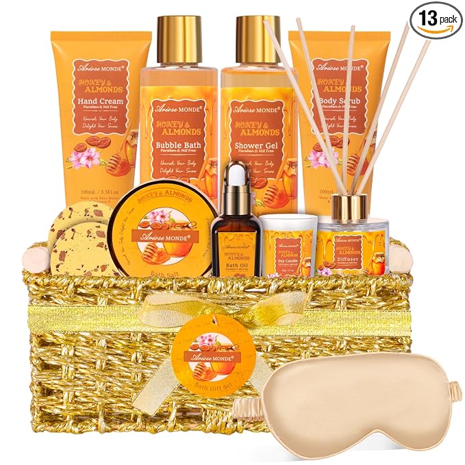 Gift Baskets for Women, Bath and Body Gift Set for her with 13pcs Honey Almond Scented Spa Gifts for Women, Bath Sets Includes Scented Candle, Shower Steamer, Bubble Bath, Bath Salt. Mothers Day Gifts