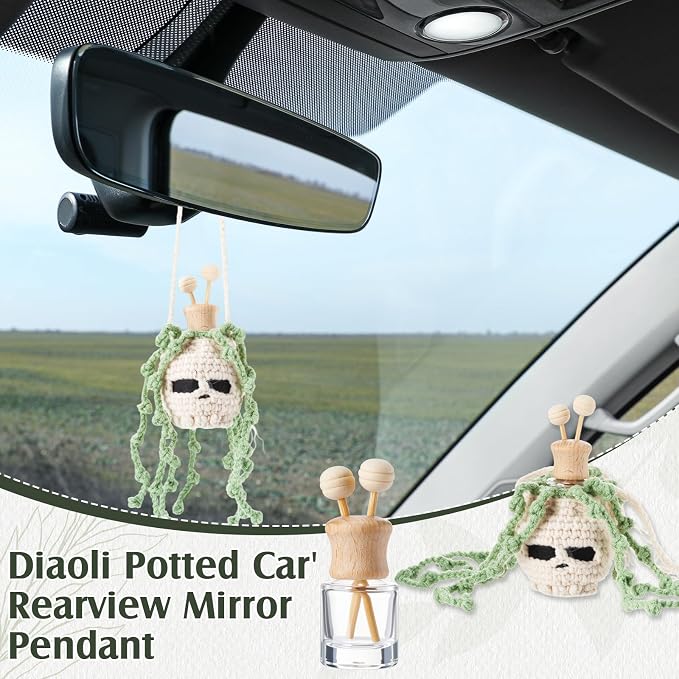 Leelosp 7 Pcs Nightmare Decoration Christmas Hanging Car Air Freshener with Empty Refillable Essential Oil Diffuser Bottle Knitted Potted Handmade Cute Car Interior Charm Ornament (8 ml, Skull)