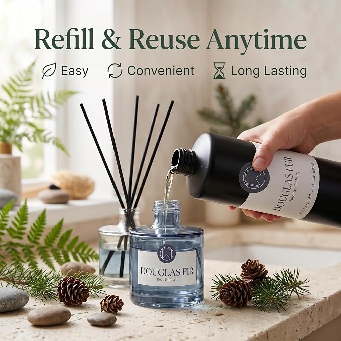 CW Studio Reed Diffuser Set – 6 Empty Glass Bottles with Caps, 1000ml Refill Bottle & 24 Reed Sticks – DIY Home Fragrance Kit for Living Room, Bedroom, Office | Blue Linens