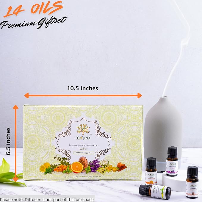 MO'JIZA Pure Aromatherapy Essential Oils Gift Set, 14 Oils-Jasmine, Lemon, Basil, Ylang Ylang, Cedarwood, Cinnamon, Lavender, Tea Tree, and More, 10ml Each. Certified Kosher, Vegan & Cruelty Free