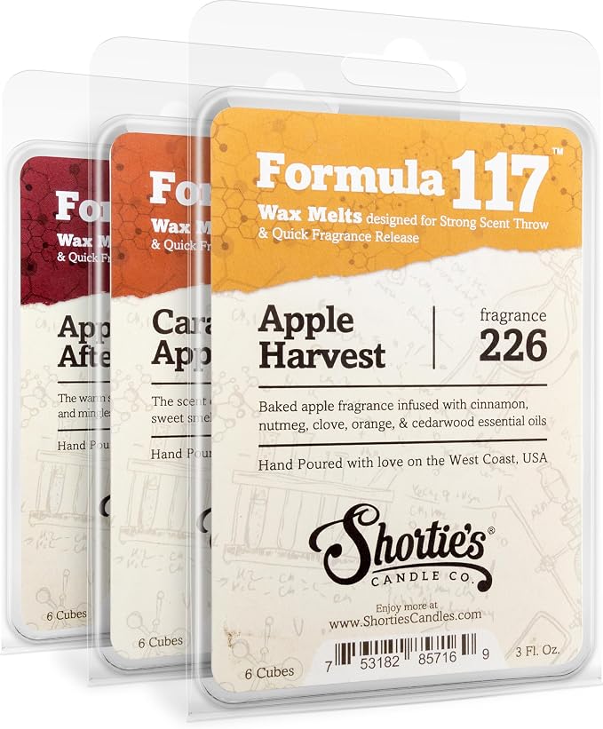 Shortie's Candle Company Apple Premium Wax Melts Variety 3 Pack - 9 Oz., Strong & Long Lasting, Non-Toxic - Made with Essential & Natural Oils - Formula 117