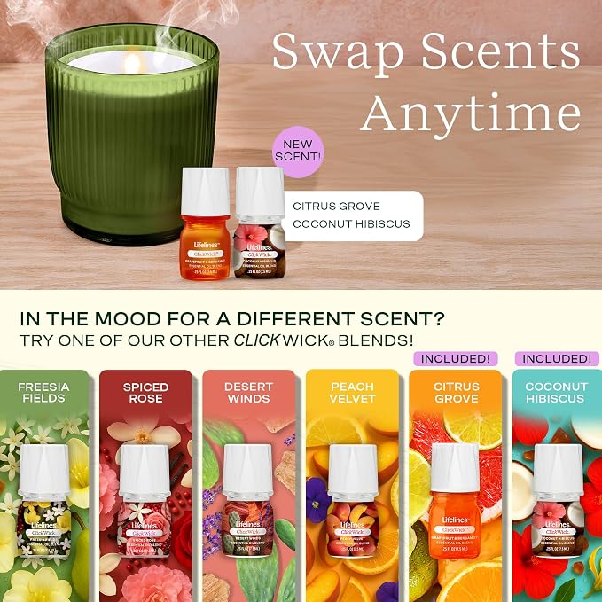 Lifelines Flameless Candle Aromatherapy Essential Oil Diffuser with 2 ClickWick Essential Oil Blends - Cordless & Waterless Diffuser for Home - Scented Electric Candles Blow Out Flame - Olive Jar