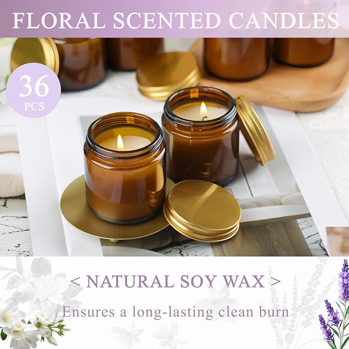 ACITHGL 36 Pcs 4oz Mini Mason Jar Candles Small Scented Candles Bulk Aromatherapy Ideal Souvenir Favors for Wedding Birthday Party (Freesia, Lavender, Jasmine, Amber)