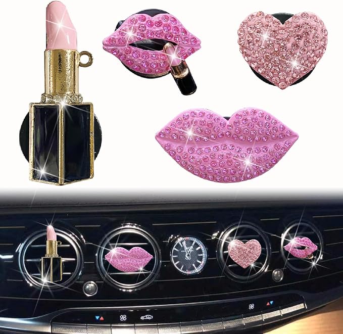 4 Pcs Pink Lips Air Vent Clips, Sexy Lips Kiss Heart Shape Car Air Fresheners, Charms Rhinestone Diffuser Vent Clip Cute Car Decor Bling Car Accessories for Women, Automotive Air Fresheners (Pink, 4)