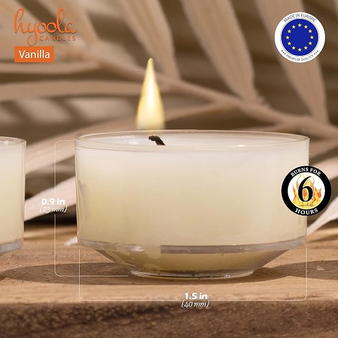 HYOOLA Scented Tealight Candles - Clear Cup - Vanilla Tealight Candles Scented - 6 Hour Burn Time - 15 Pack - European Made