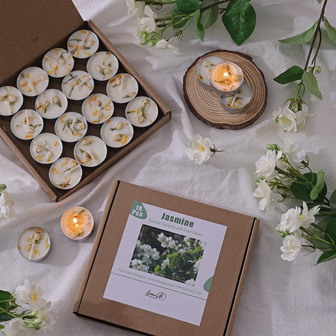 16 Pcs Jasmine Scented Tealight Candles, 6H Long Burning - 100% Palm Wax Based Scented Tea Lights with Dried Flowers, Non-Toxic/Smokeless Scented Tea Lights Candles for Spa, Bath, Wedding