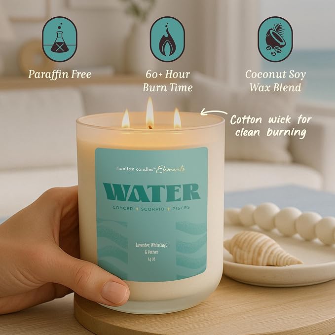 Large 14.5oz 3 Wick Zodiac Water Cancer Pisces Scorpio Zodiac Gifts for Women - 60 Hour Burn - Astrology Gifts for Women, Healing Manifestation Spiritual Candles, Intention Meditation Candle