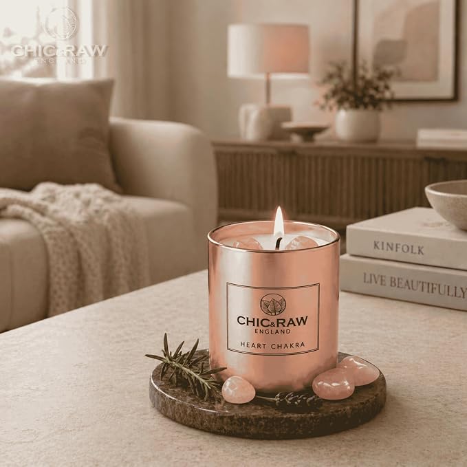 Aromatherapy Candle with 2 Pure Rose Quartz Gems, Scented Candle in Rose Gold, Luxury Long-Lasting Burn Soy Wax, White Tea & Ginger Candle for Home Scented, Unique Healing Gifts,7.05oz