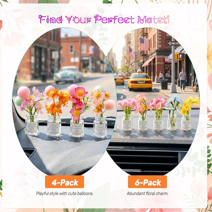 CusDusk 4 Pcs Flowers with Ballons Car Vent Clips, Cute Daisy Plants Vase Air Conditioning Outlet Clip with Fragrance Pads, Charm Scent Perfume Automotive Interior Decorations for Women