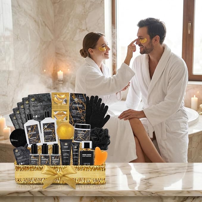Gifts for Women & Men, Gift Basket for Women & Men, 32 Charcoal Bath & Body Gifts Basket Set, Hydrating Face Skin Care Gift Set, Self-Care Relaxation Gift Kit, Birthday, Christmas, Anniversary, Dad