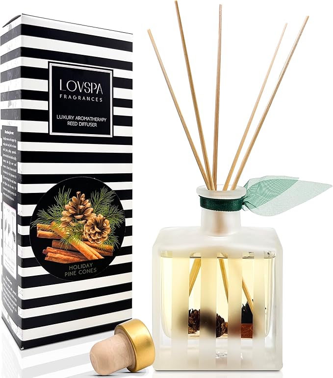Reed Diffuser Set, Holiday Pine Cones Scented Oil Diffuser with Sticks, Home Fragrance Accessories for Bathroom Shelf Decor, Aroma Diffusers for Home or Office Desk, USA Made