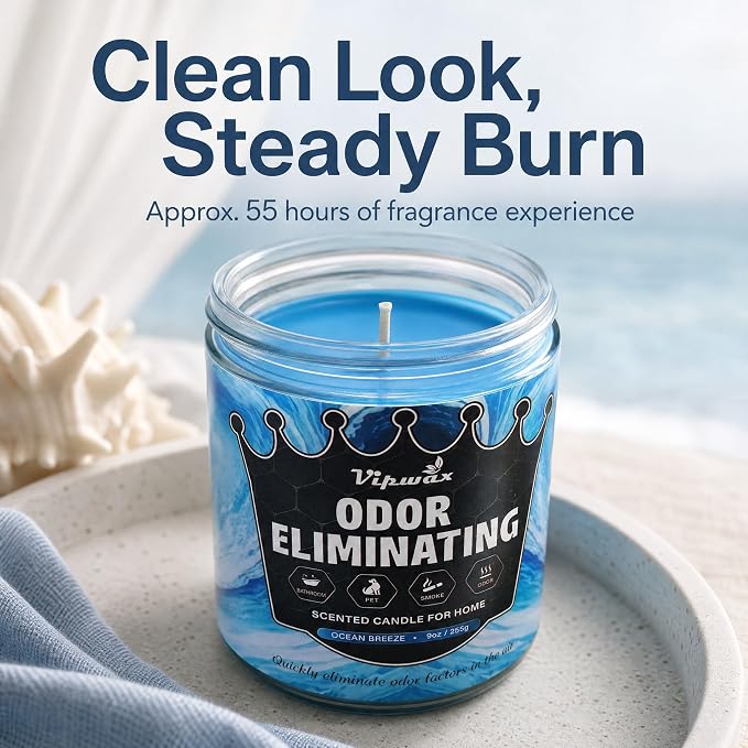9 oz Ocean Breeze Odor Eliminating Candles for Home Scented, Eliminates 99% of Pet, Smoke, Food and Other Smells Quickly, Highly Fragranced Candle, Premium Soy Candles Set for Women