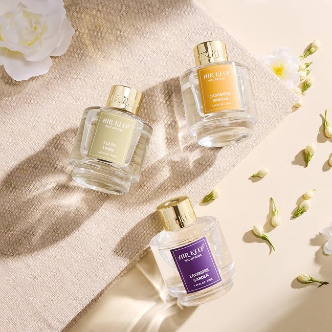 Airkeep Reed Diffuser Set of 3,Clean Linen Cashmere Vanilla Lavender Garden Oil Reed Diffusers for Bedroom Living Room Office Aromatherapy Oil Reed Diffuser for Gift 50ml x 3