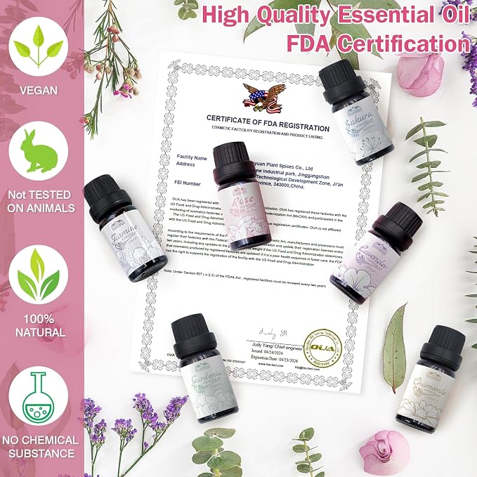 Essential Oils for Diffuser for Home and Hotel, Lavender, Jasmine, Rose, Chamomile, Sakura and Gardenia, Spring Premium Pure Flower Fragrance Essential Oil Set for Gifts-6×10ML