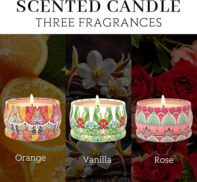 Scented Candles Gift Set, 3 Pack Candles for Home Scented, Long Lasting Soy Wax Aromatherapy Candle Set, Gifts for Women with Gift Box, Baby Shower Prizes (Rose.Vanilla.Orange)
